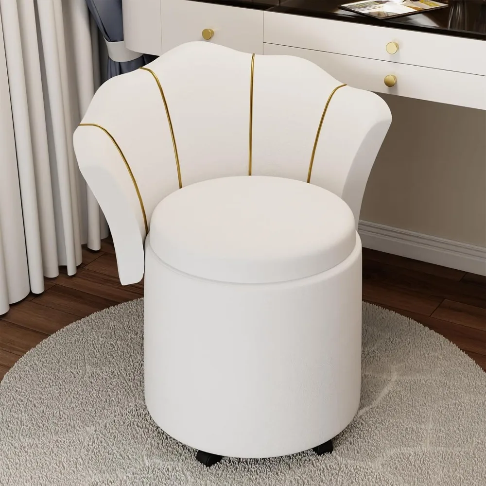 

Swivel Vanity Chair with Storage, Velvet Makeup Vanity Ottoman with Wheels and Backrest, Modern Footrest Makeup Stool for Living