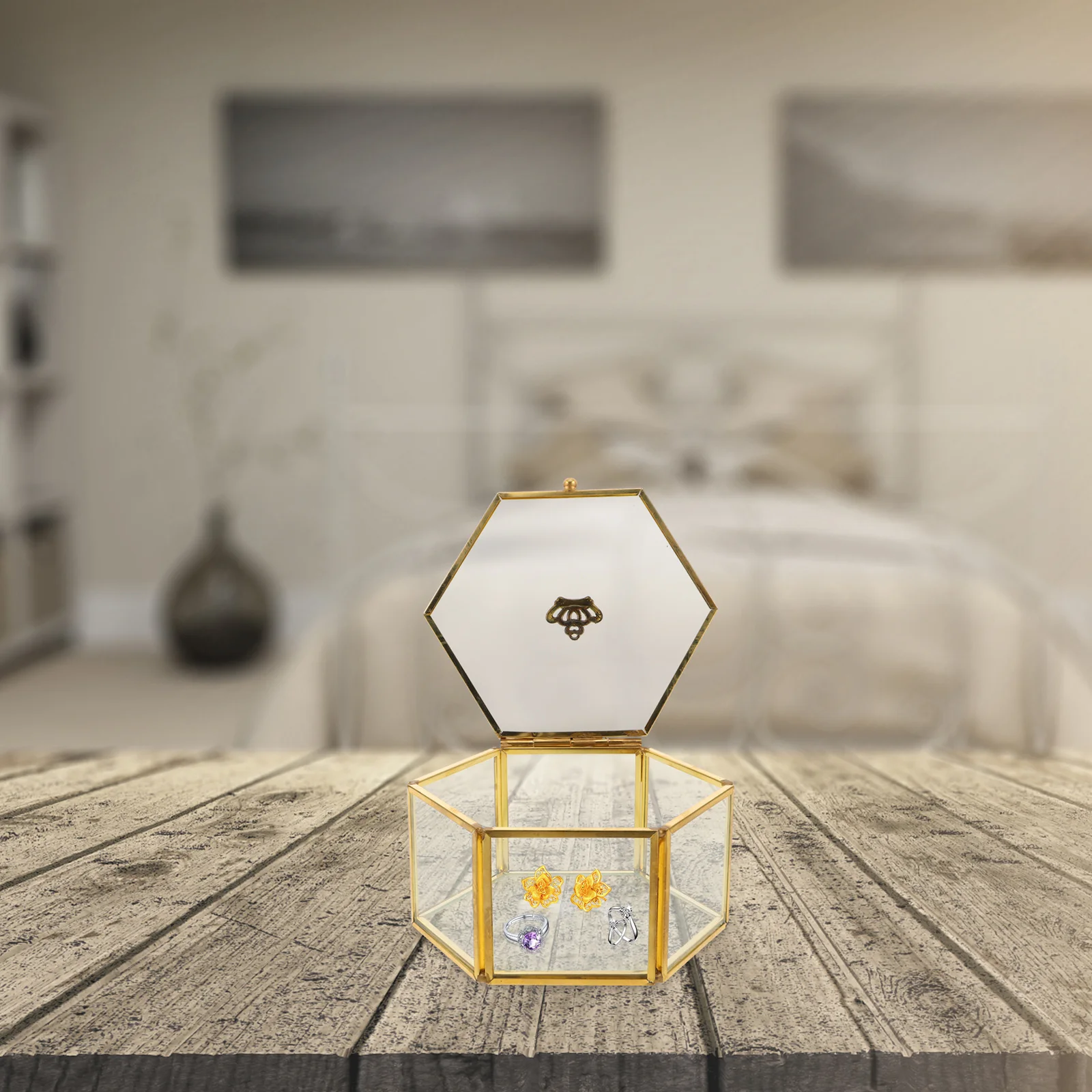 

Luxury Glass Trinket Box with Copper Details Ample Space for Jewelry Collection Dustproof Lid Display Case for Women Girls Gift