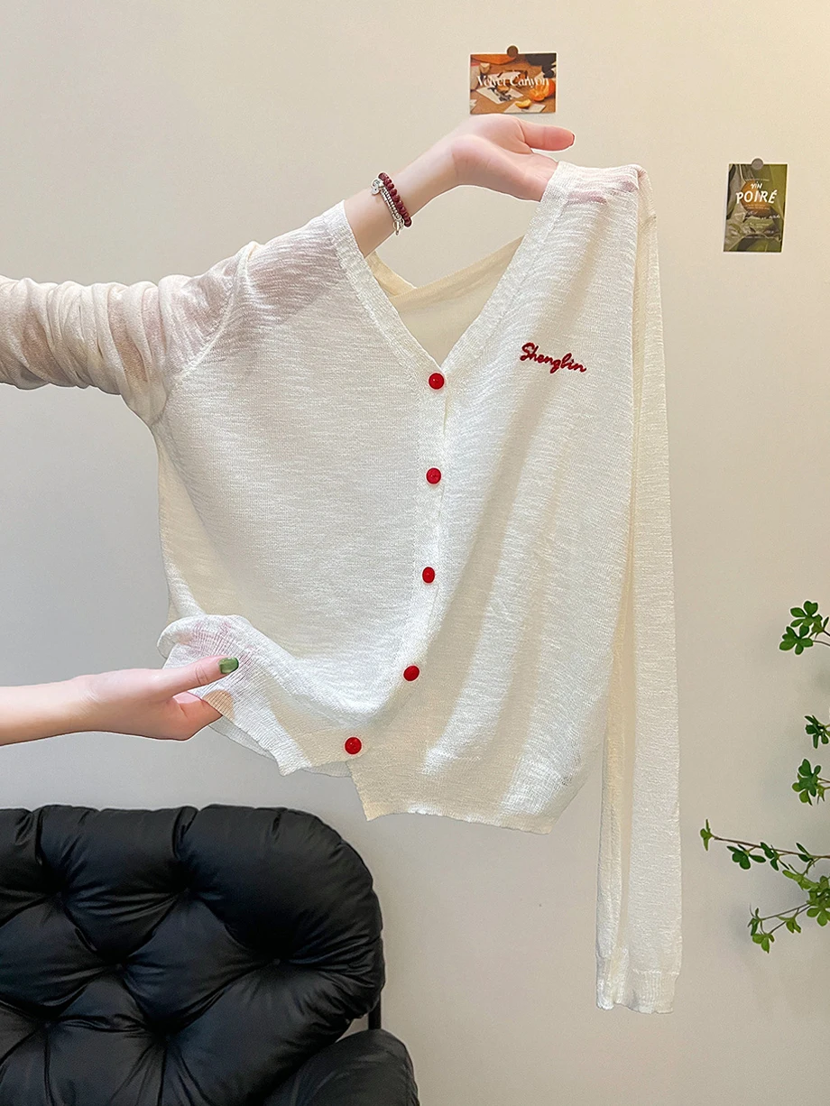 

Ice Silk Knitted Open Cardigan Thin Beautiful Top Sun Protection Air Conditioning Design White V-neck Long Sleeve T-shirt Wom...