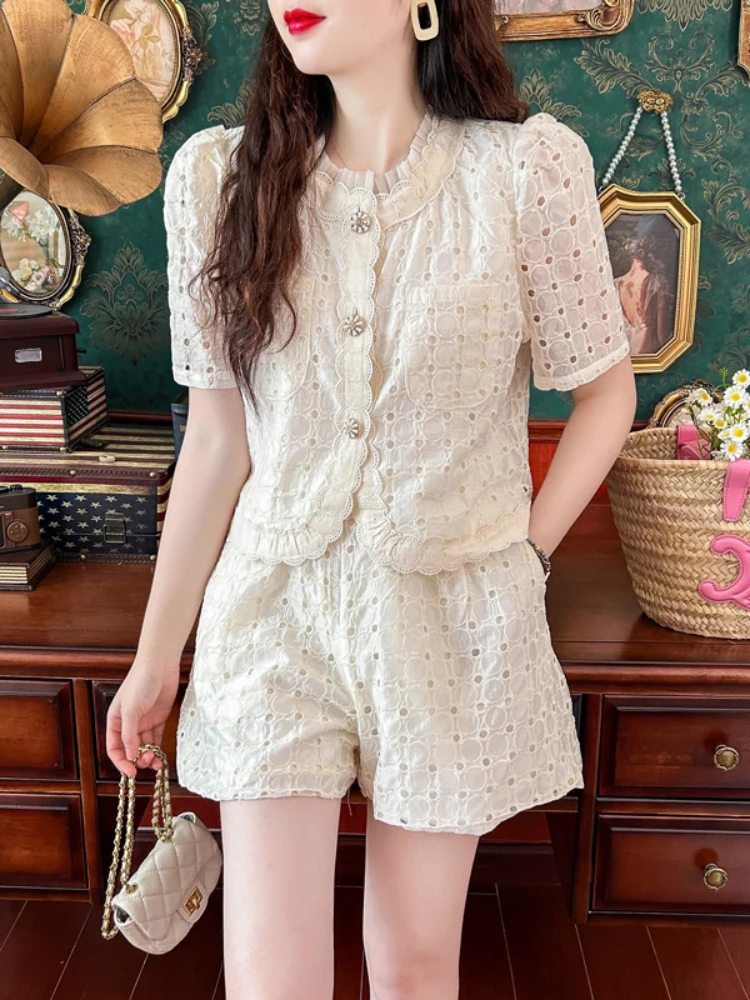 Summer Small Fragrance Commuter Suit Women 2024 High Quality Lace Ruffled Stitching Hollow Top Shirt+Wide Leg Shorts 2-Piece Set