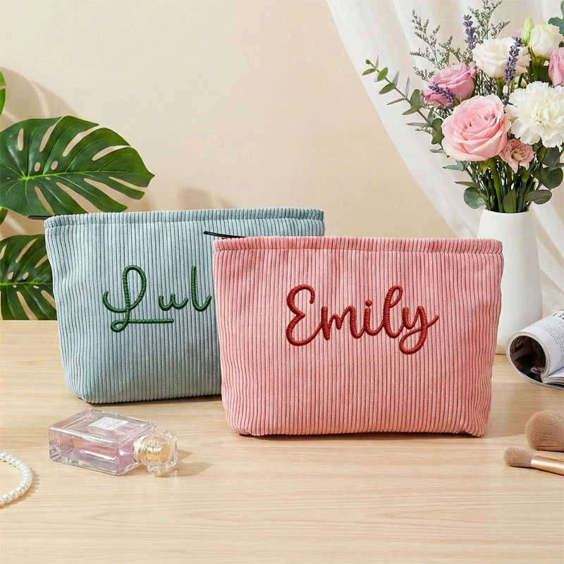 Embroidered Corduroy Makeup Bag,Bridesmaid Makeup Bag,Name Makeup Bag,Embroidered Monogramed Toiletry Bag,Bridesmaid Gift,Gift f