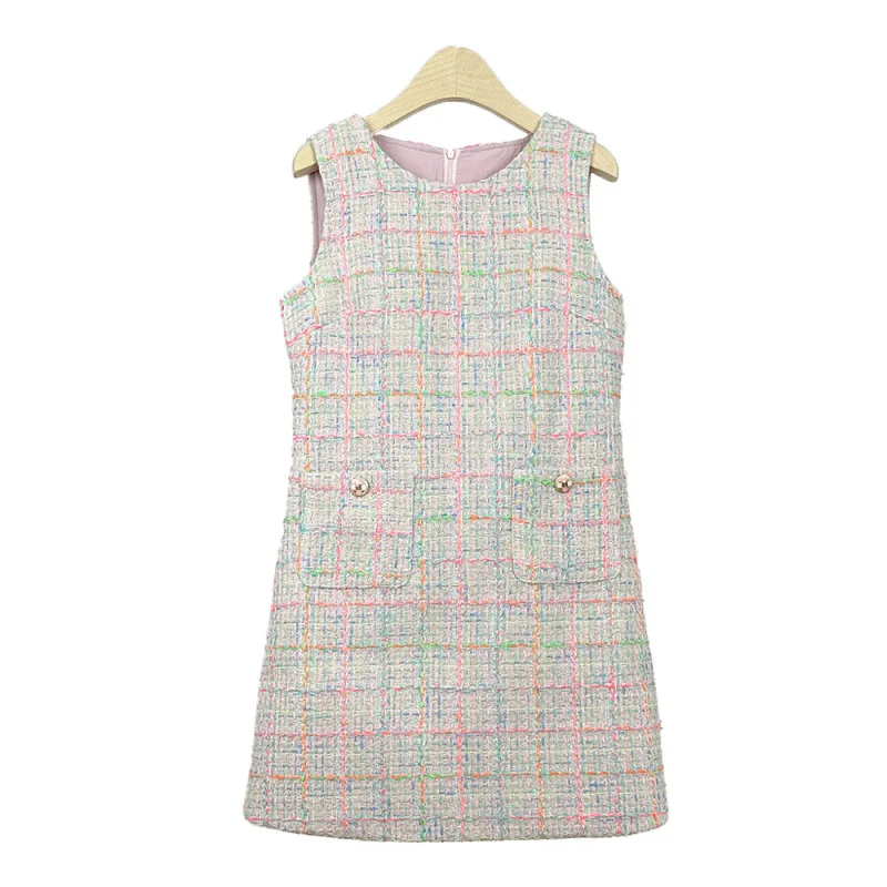 

Short sleeved pink plaid women's woven dress 2025 new spring and autumn small fragrant style temperament skirt
