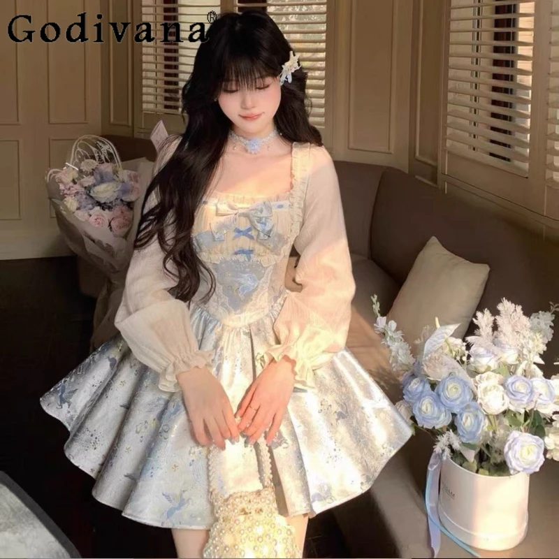 

Spring Summer Large Size French Sweet Girl Princess Dress Fashion Elegant Square Neck Long Sleeve High Waist A-line Dresses