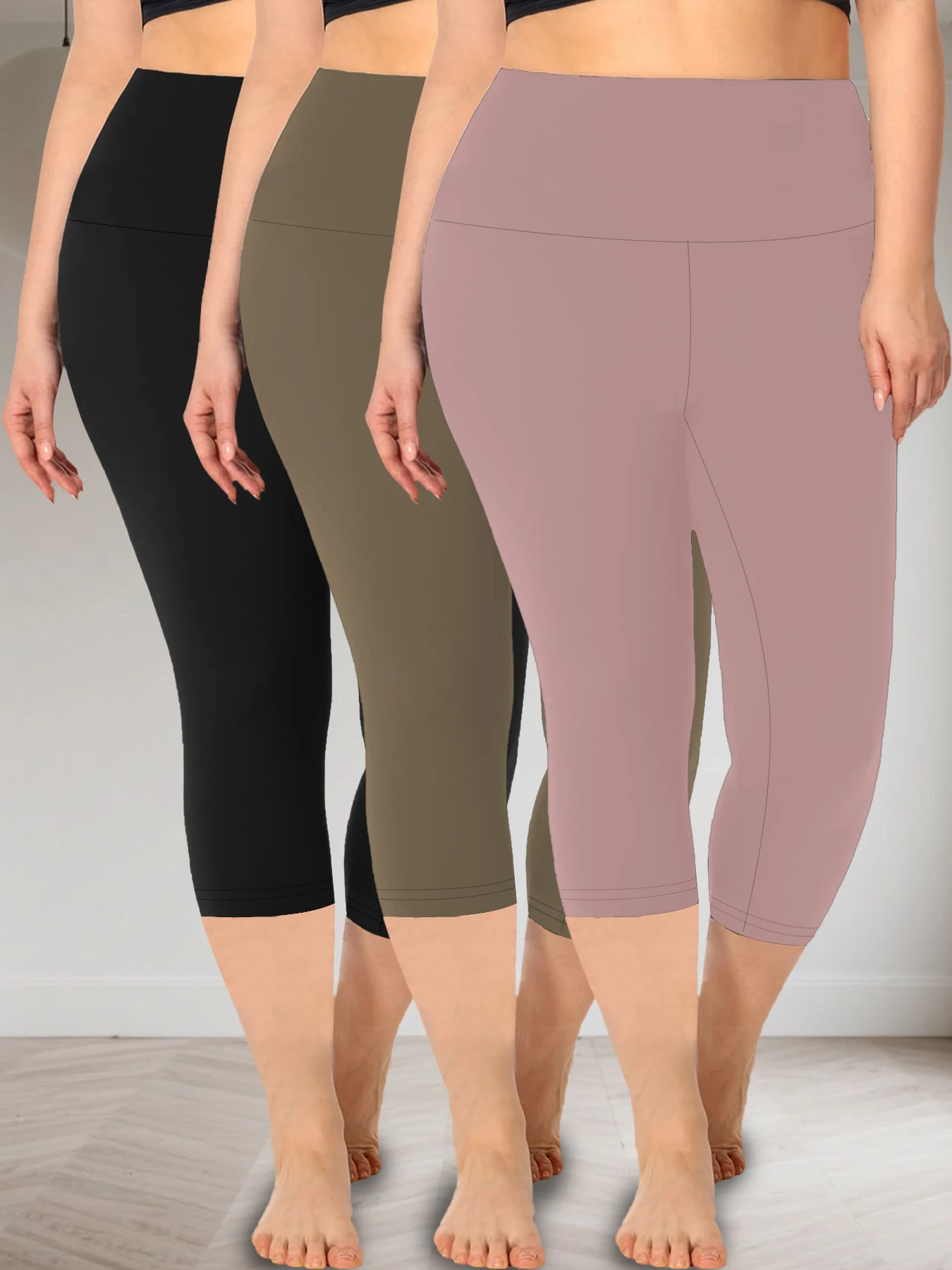 เลกกิ้งพลัสไซส์สำหรับผู้หญิง 3 ชิ้น ผ้าเนื้อนุ่มพิเศษ เอวสูง กระชับหน้าท้อง กางเกงโยคะแบบแคปรี กางเกงออกกำลังกายวิ่ง