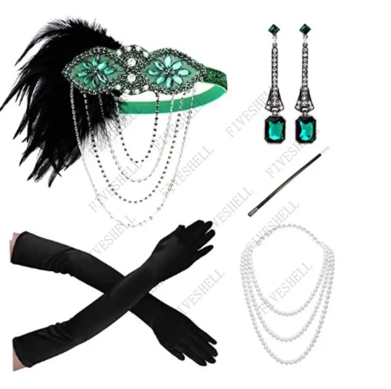 1920S Great Gatsby Roaring เครื่องแต่งกาย Flapper Headband ไข่มุกสร้อยคอที่เขี่ยบุหรี่ชุดต่างหู