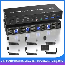 4 IN 2 OUT HDMI Dual Monitor KVM Switch, Support EDID, 4K@60Hz HDMI KVM Switch with 3 USB3.0 ports for 4 PC for Keyboard Mouse