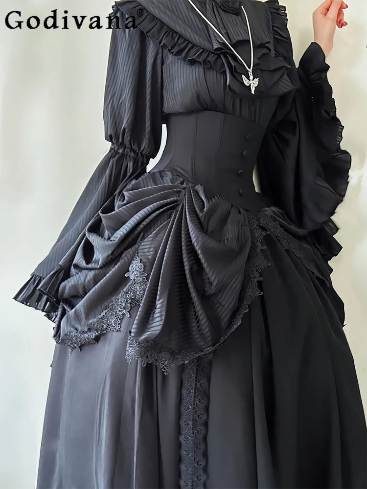 

2025 Japanese Original Black Gothic Dream Lolita Set Dark Elegant Lady Y2K Flared Sleeves Doll Collar Waist Dress for Women