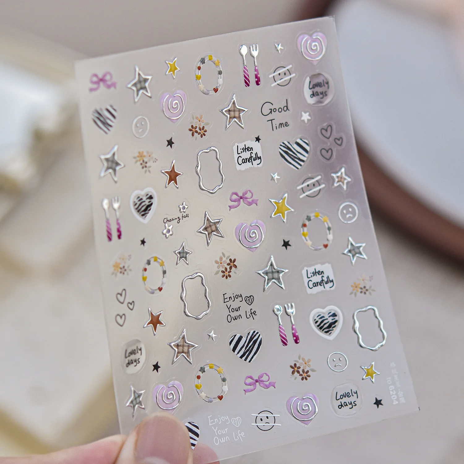 Sweet Cartoon 5D Nail Stickers Metal Star Bowknot Zebra Stripe Love Heart Doughnut Knife Fork Tableware Lollipop Nail Manicure
