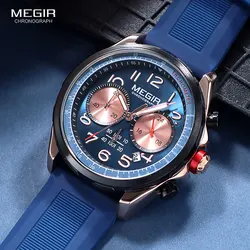 MEGIR Navy Blue Quartz Watch for Men Military Sport Chronograph Waterproof Wristwatch with Silicone Strap Luminous Hands Date