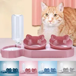 Triple Cat Bowls Pet Feeder, 2-in-1 Double Bowls with Automatic Drinking Bottle, Tilted and Rotatable Design for Cats and Dogs