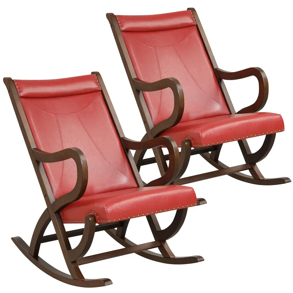 Costway Set of 2 Rocking Chair with PU Cushion Modern Rocker w/ Rubber Wood Frame Red