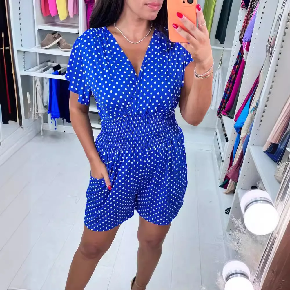 

Polka Dot Collar High Waist Elastic Jumpsuit orts Women's Faion Summer Polyester Fabric Comfortable Fit Nine-Piece Pants