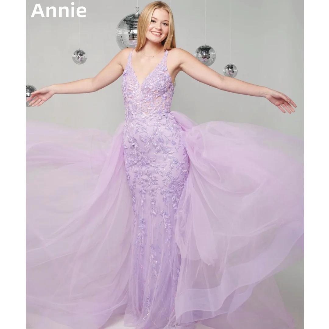 Annie Lavender Purple Wedding Dress Lace Embroidered Tulle Fairy Prom Dresses Sexy Mermaid Elegant WomenBespoke Occasion Dresses