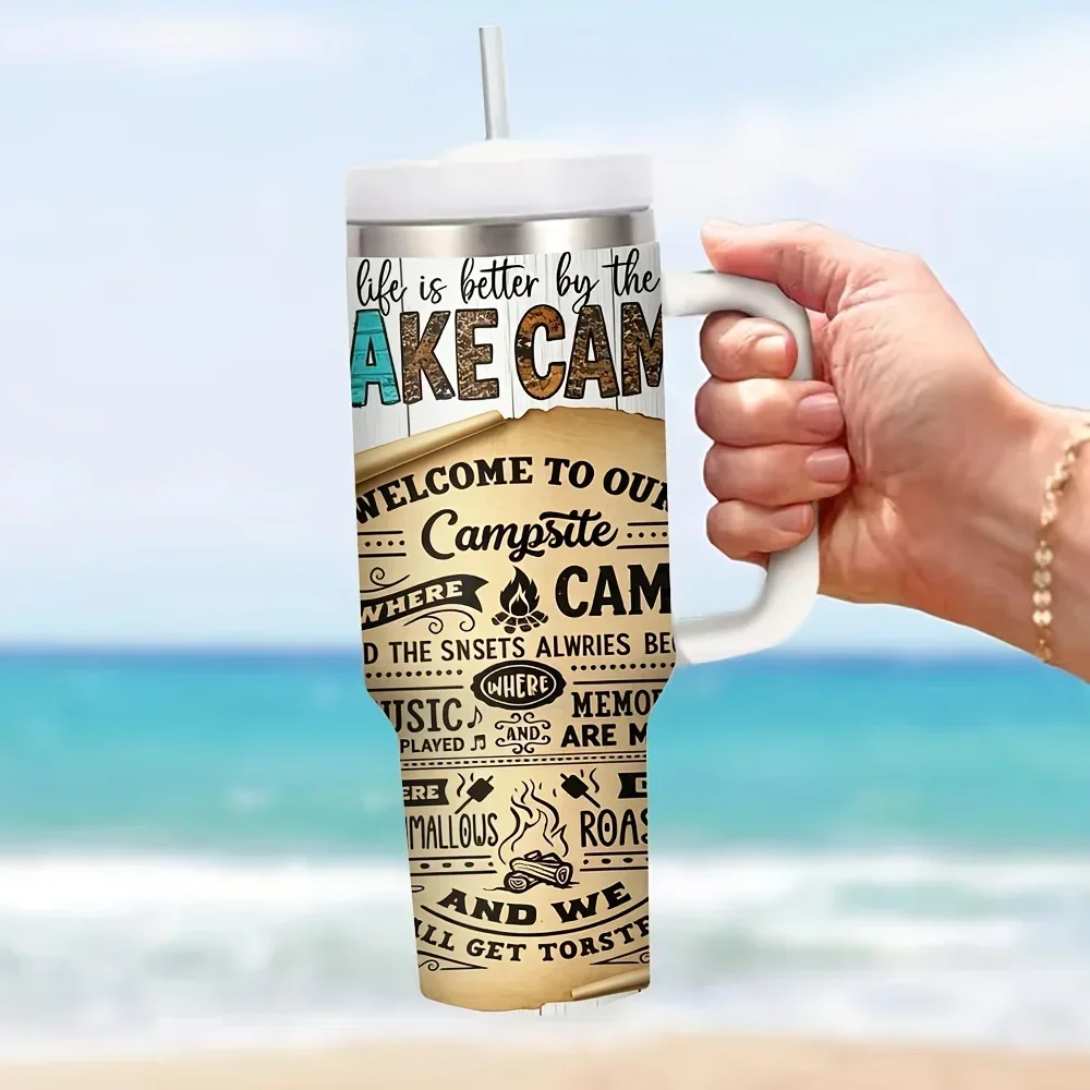 40Oz Lake Camping Themed Printed Tumbler with Handle And Straw, Suitable for Camping Enthusiasts, Fits Both Hot And Cold Drinks, Perfect for Summer And Winter Outdoor Camping And Daily Activities