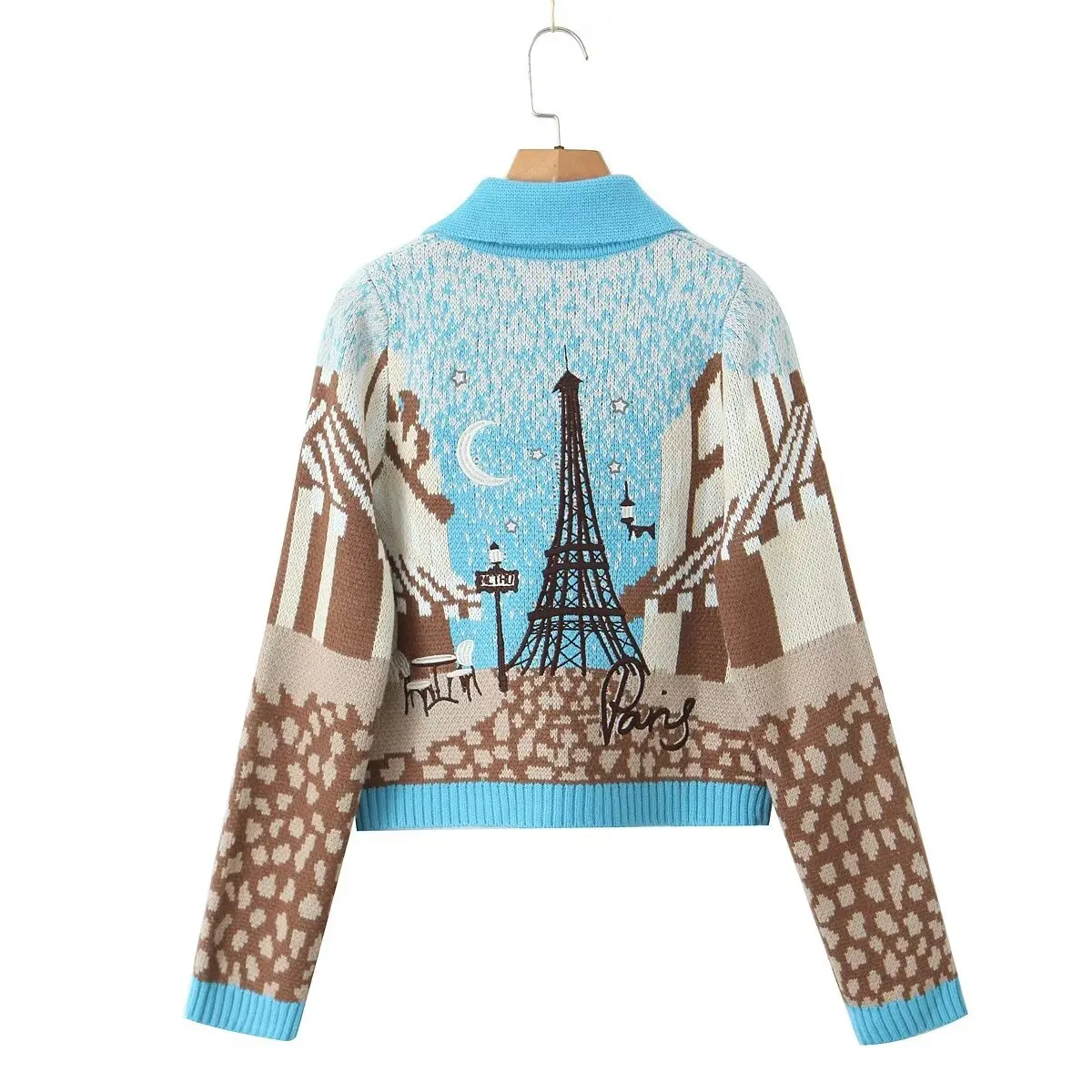 Dave&Di Vintage Paris Street Printed Knitted Jacket Cardigan Short Top Knitwear