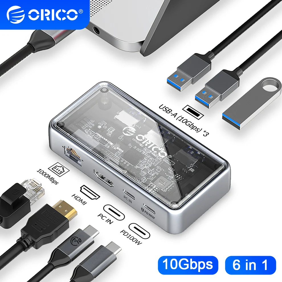 ORICO Multi USB 3.0 Port Hub Docking Station Type C Splitter Adapter PD 100W RJ45 HDMI-Com for Macbook Pro PC Laptop Accessories