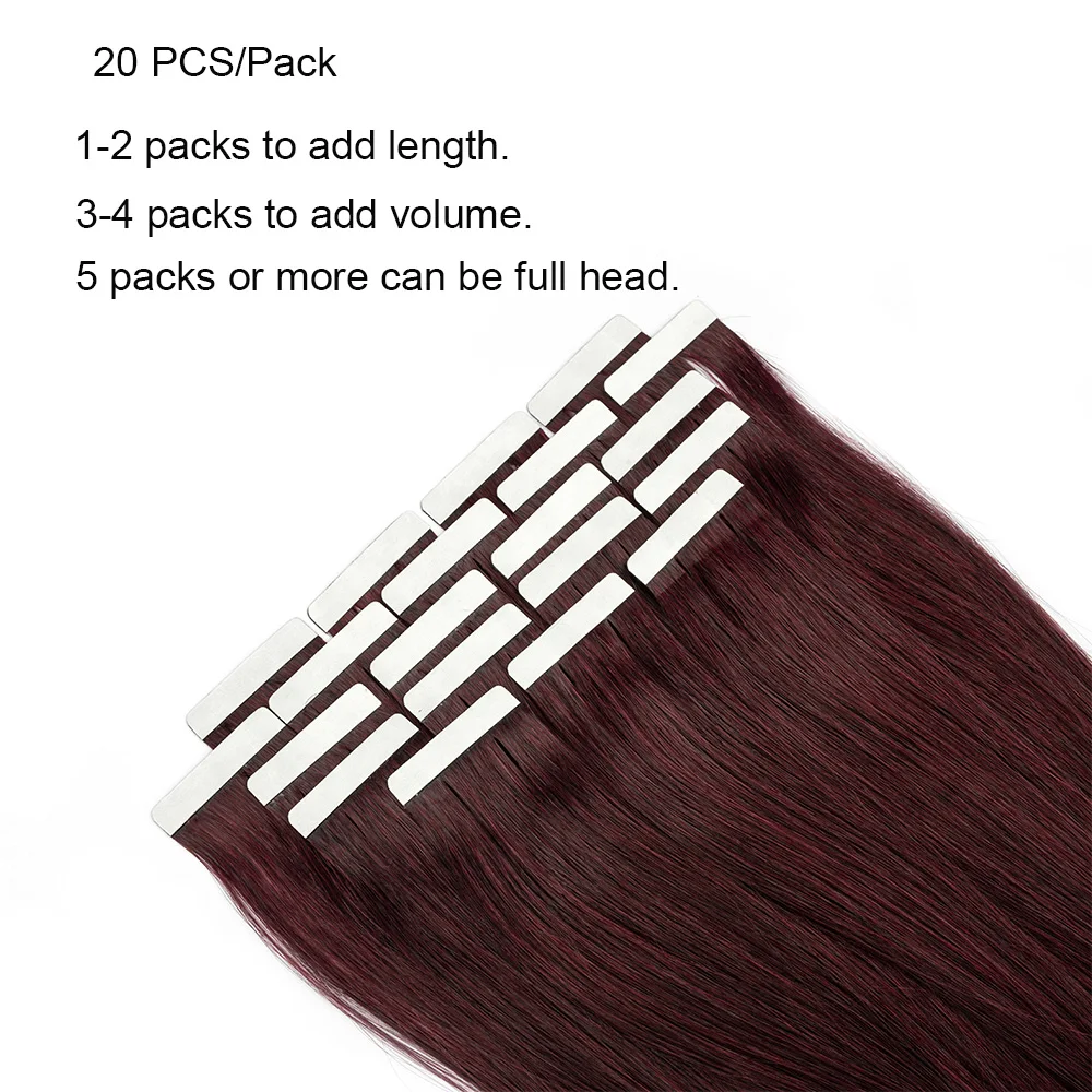 Straight Tape in Human Hair Extensions Brazilian Hair 12-24" Invisible Seamless Burgundy Human Hair Tape in Hair #99J  For Women