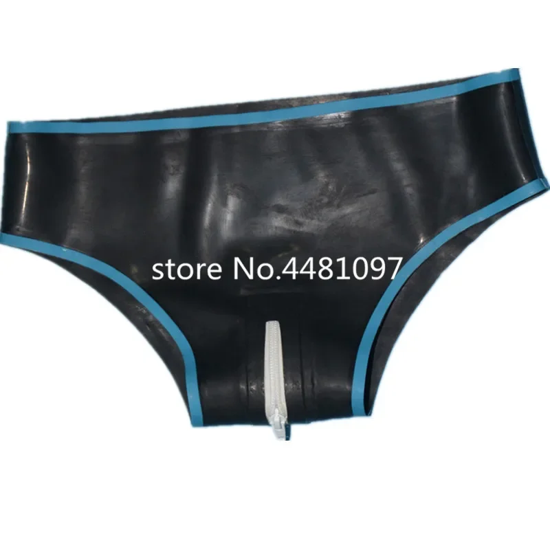 Handmade Women Latex Briefs Panties Rubber Shorts with Crotch Zippers Custom Made Black with Blue