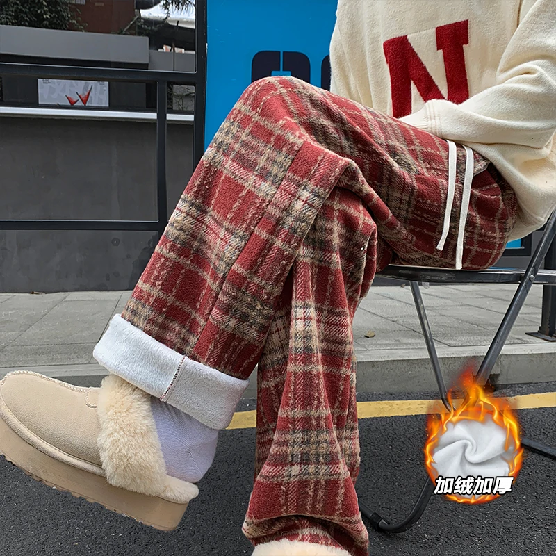 

Winter Men Pants Warm Trendy Men Plaid Casual Pants Loose Straight Leg Thick Warm Long Pants Streetwear Men Pants Men Trousers