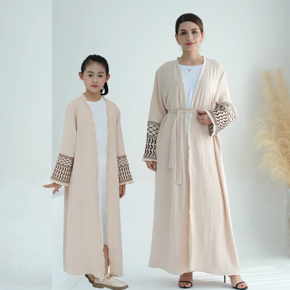 Ricamo Abaya aperto per le donne bambini ragazze nappa Kimono Cardigan abito musulmano Dubai turchia caftano abito arabo saudita Jalabiya