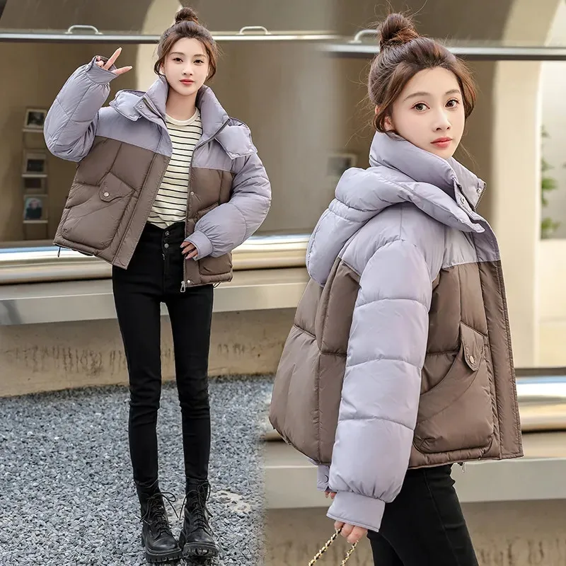 Down Jacket Women Parkas 2025Autumn Winter New Hooded Warm Cotton Padded Coat Female Fashion Contrast Outwear Bread Overcoat Top