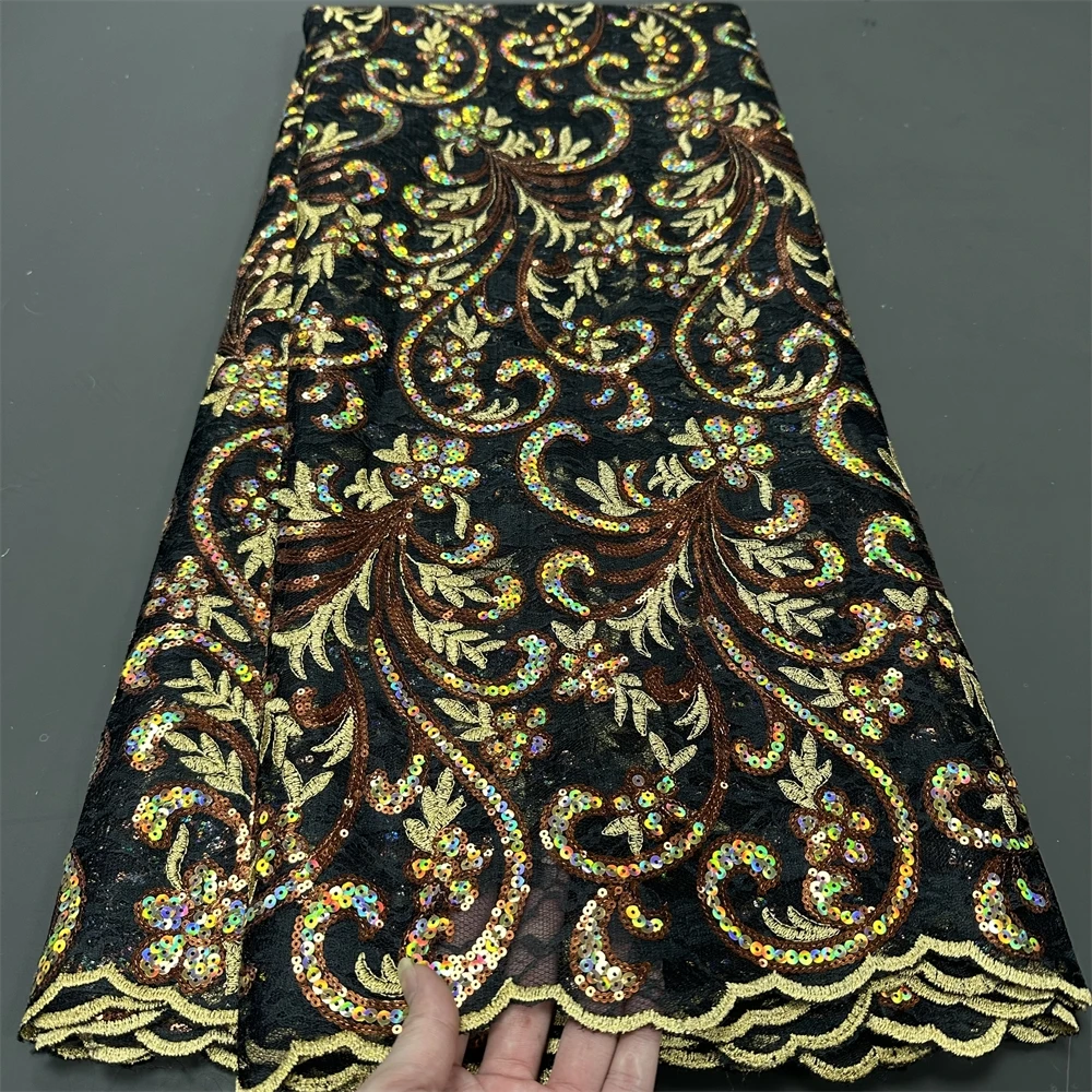 2024 African Nigerian Sequins Tulle Lace Fabric Sewing Net Cloth Prom Dresses Beads Embroidery High Quality 5Yad hz1198