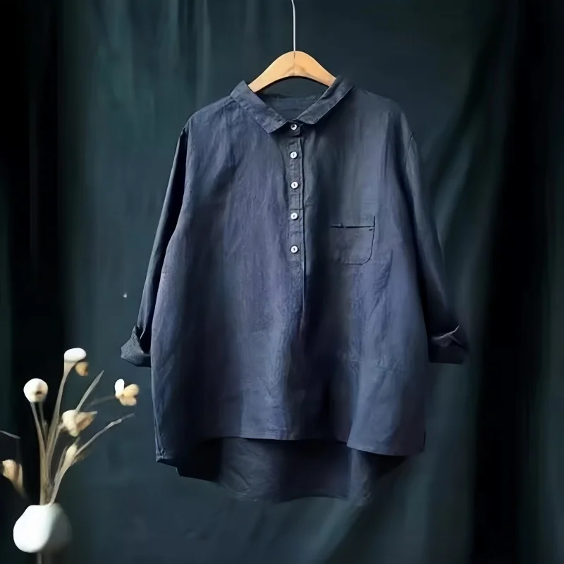 Casual Cotton Linen Long Sve  Collar Loose Fit  Color irt Women Spring Autumn Commute Versatile Top