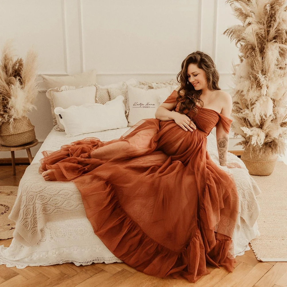 

Maternity Photography Props Tulle Off Shoulder Dress High Slit Pregnancy Photoshoot Gown Infant Baby Shower Party Maxi Skirt