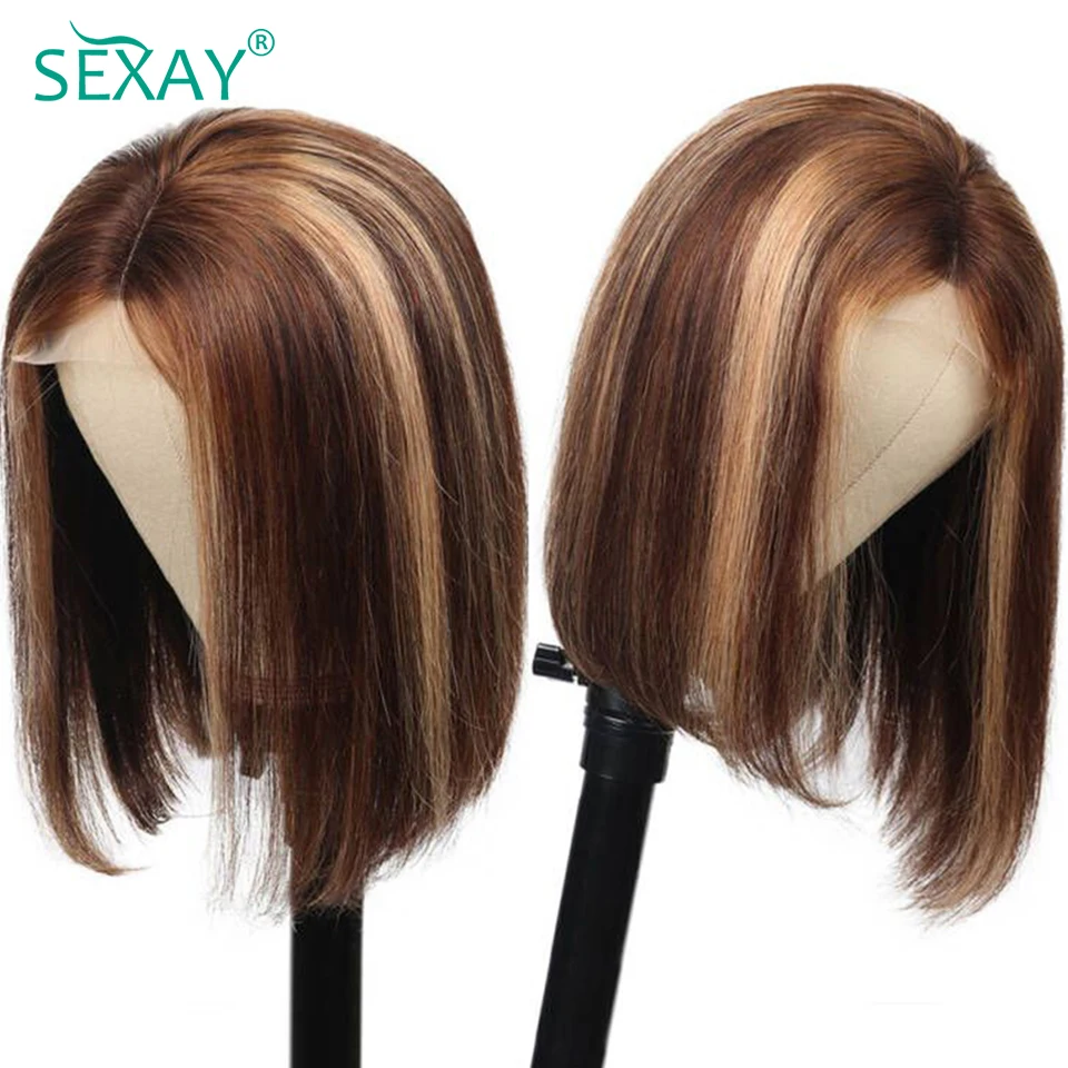 Highlight Colorful Lace Front Wigs Human Hair Piano Color 4/27 Blonde Short Bob Wigs Pre Plucked Transparent Lace Front Wig