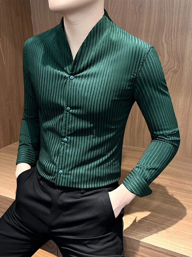 2025 moda sem gola manga longa camisa casual masculina de alta qualidade fino ajuste versátil listrado camisa de negócios roupas masculinas