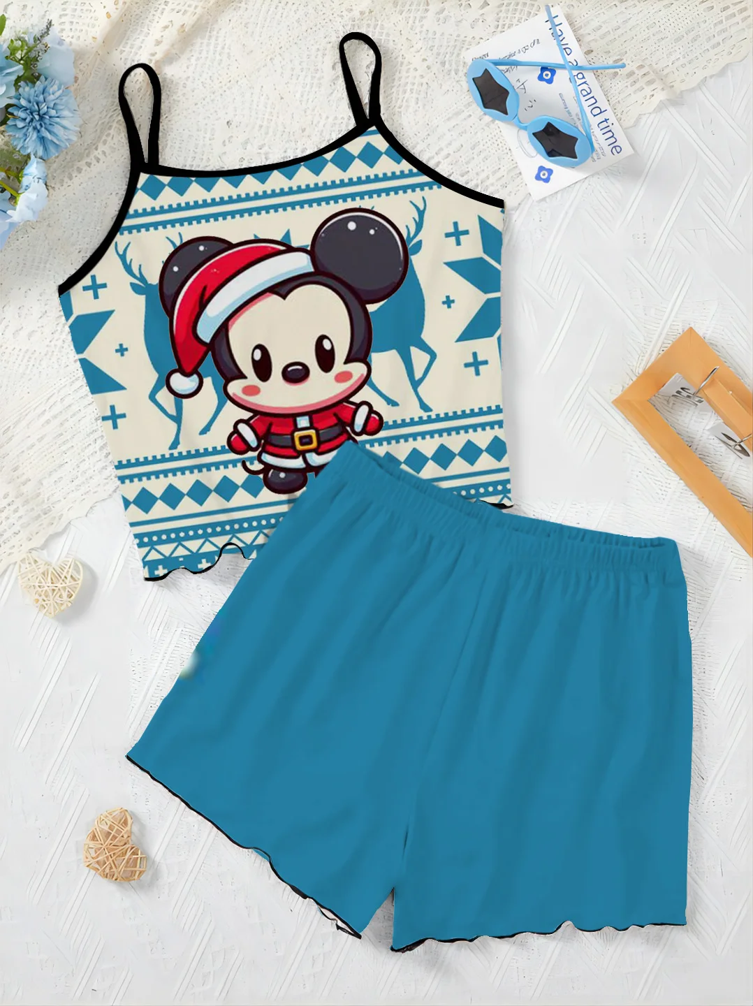 Women's Suit Christmas Lettuce Trim Mickey Minnie Mouse Slip Dress Disney Short Sets Pajama Skirt Top T-shirt Pieces Elegant Top