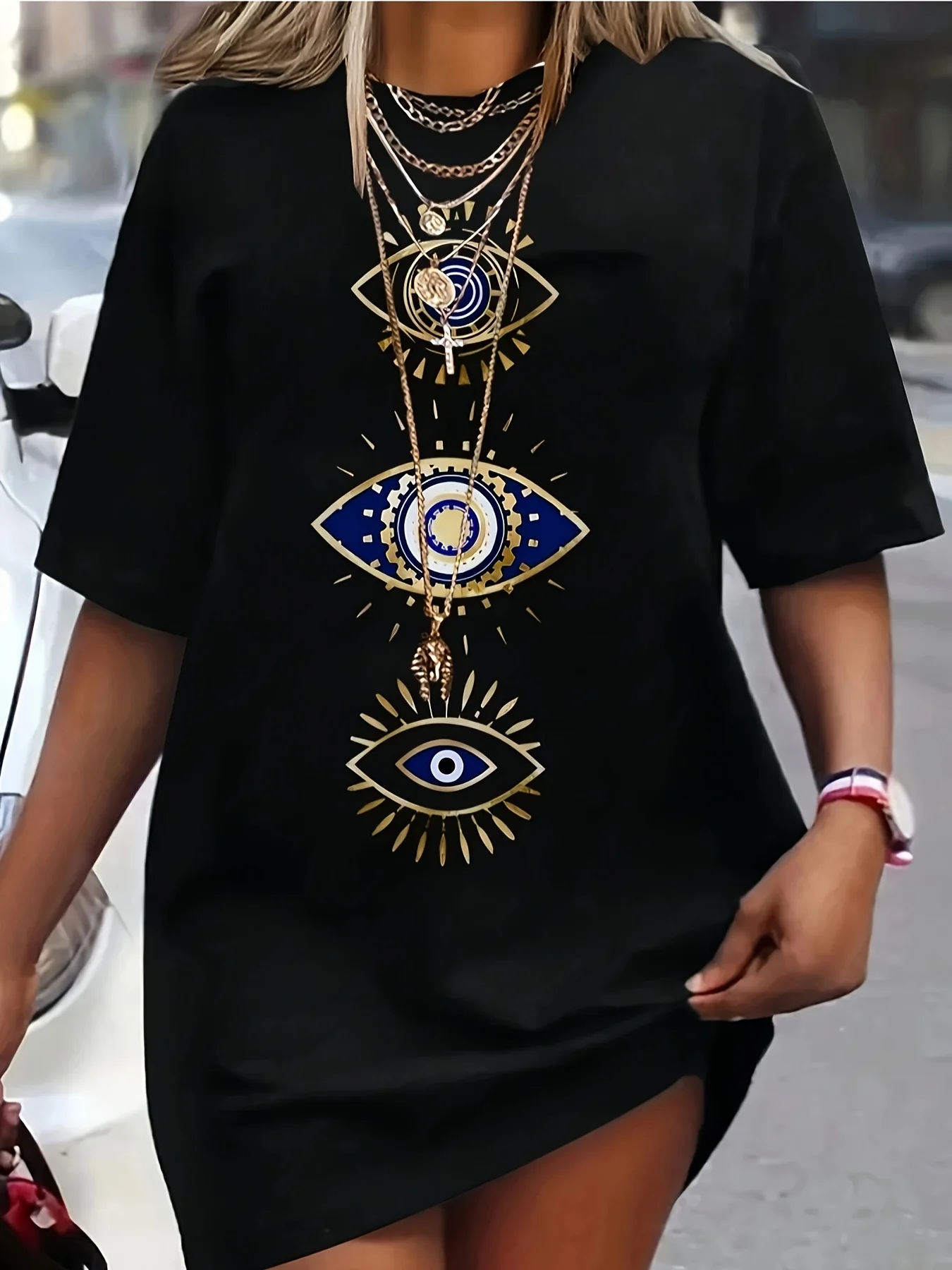 숙녀 봄 여름 패션 캐주얼 루즈한 사랑과 평화 패턴 프린트 라운드 넥 반팔 티셔츠 드레스