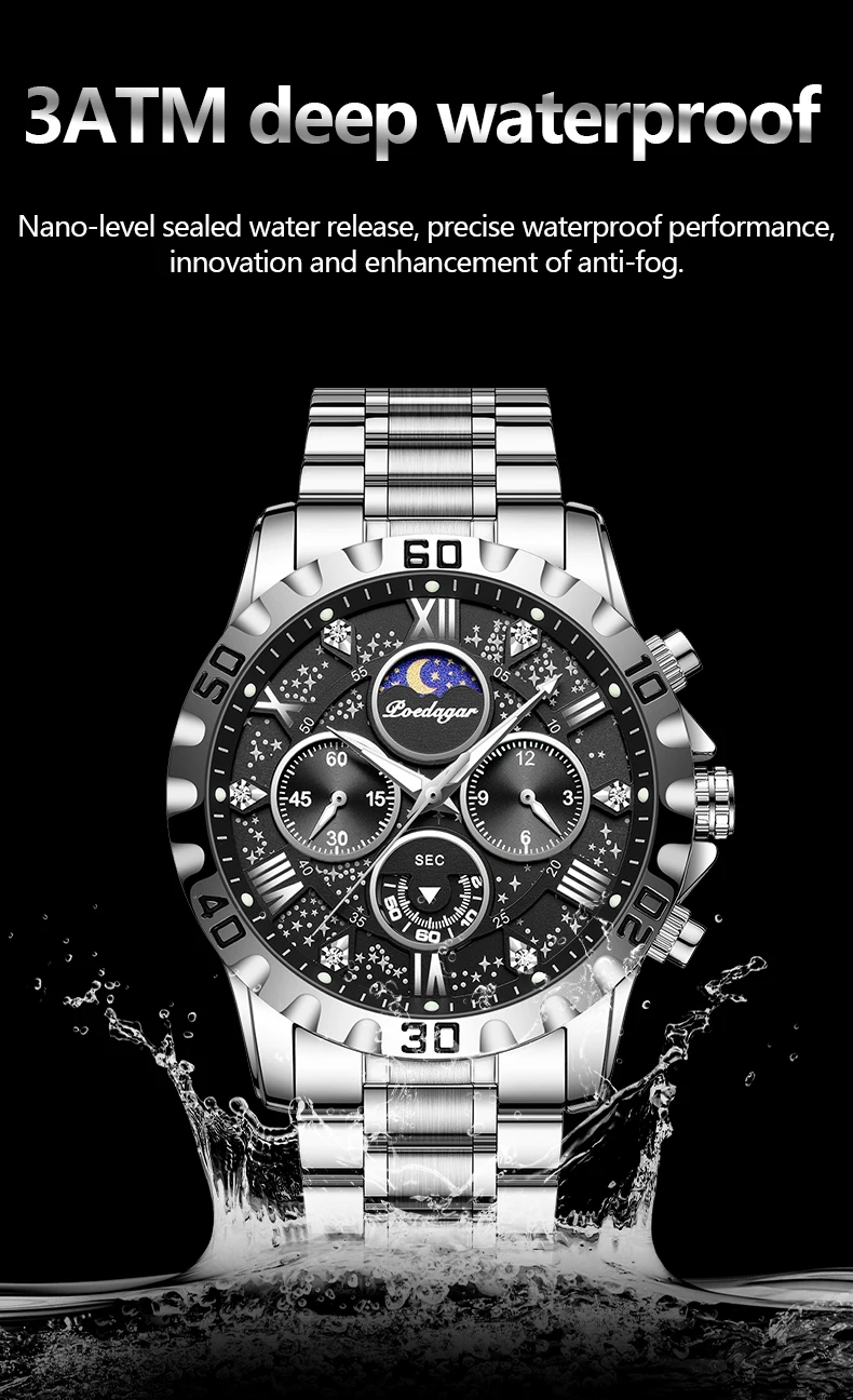 POEDAGAR Luxus Mann Uhr Wasserdicht Leucht Edelstahl Quarz herren Armbanduhr Chronograph Militär Uhren Für Männer Reloj – Detail 11