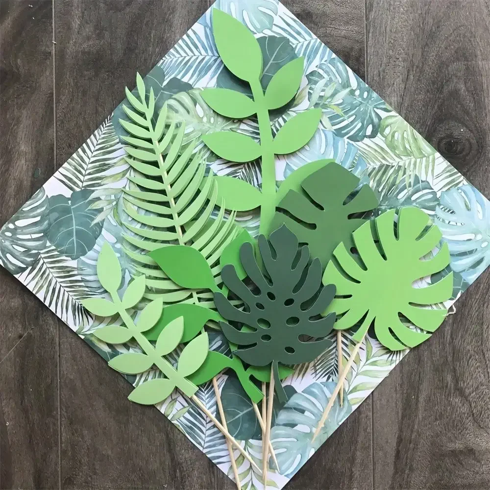 14 Pieces Tropical Leaf Cake Inserts For Jungle Theme Birthday Party, Wedding, Home Gathering Decoration