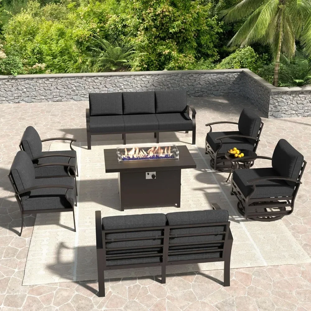 

A Aluminum Patio Furniture Set 8 Pieces 9 Seat Metal Outdoor Furniture Conversation Set w/45 Propane Gas Fire Pit&Swivels Black