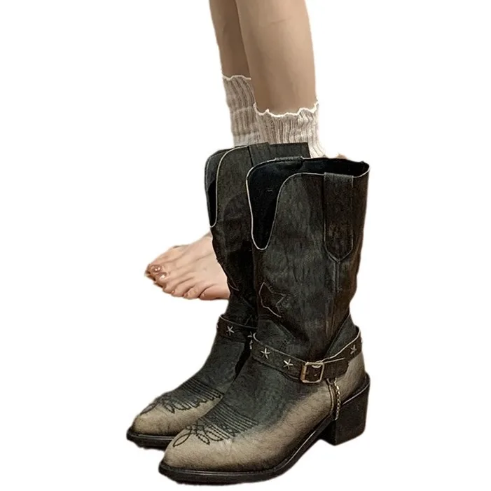 High Quality Women's Pointed Head Polished Old Cowboy Boots Ashion Designer Retro Hick Heel Western Boots for Women Botas Mujer