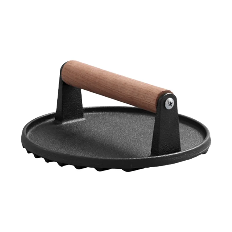 

P4-1 PCS Meat Press Board With Wooden Handle For BBQ, Steak Grill Round Meat Press, Black Cast Iron Meat Patty Press (Round)