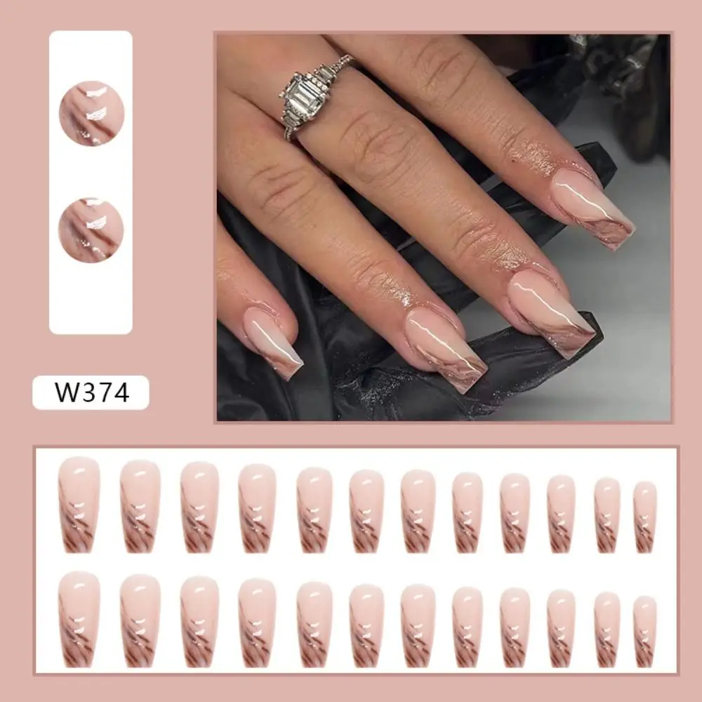 24pcs Detachable Manicure Full Cover French Crystal Press on Nails Glitter Foil Fake Nails Long French Ballerina