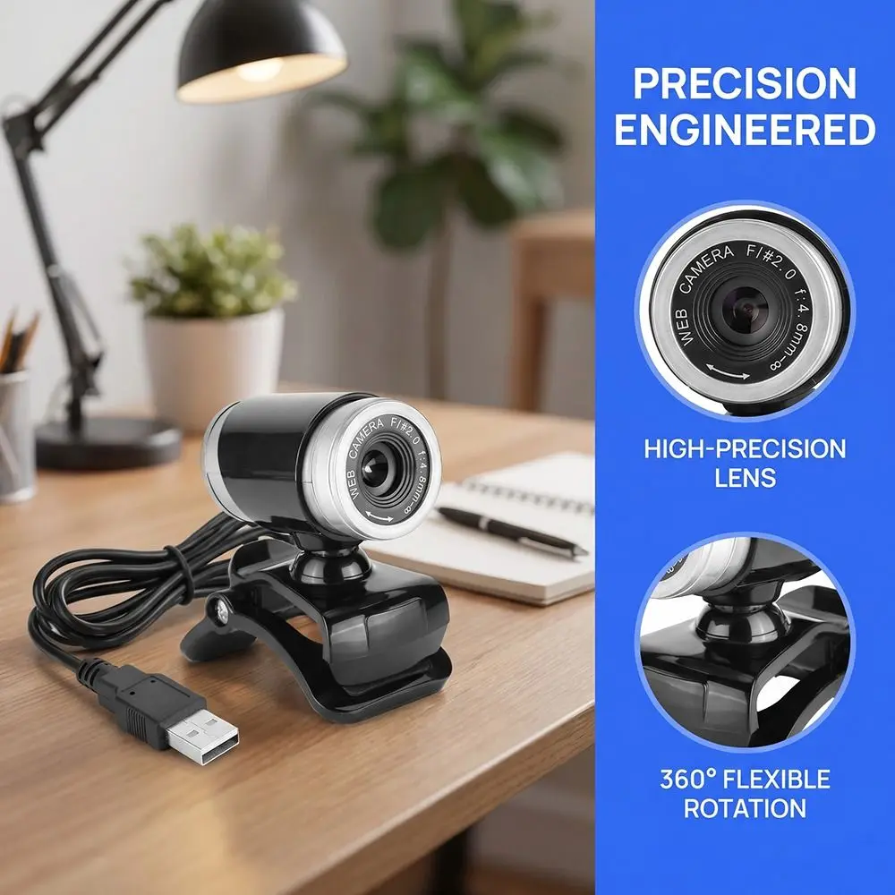 Practical 360 Degree Rotatable Clip on Webcam Plug and Play Built in Microphone USB Webcam Black+Silver PC Camera Live Streaming