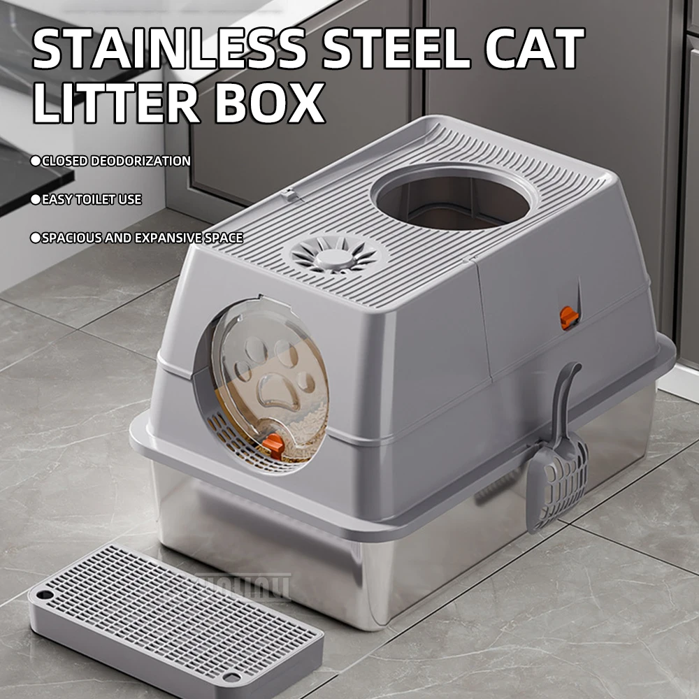 

Extra Large Enclosed Cat Litter Box, Stainless Steel Top-Entry with Flip Lid and Foldable Design
