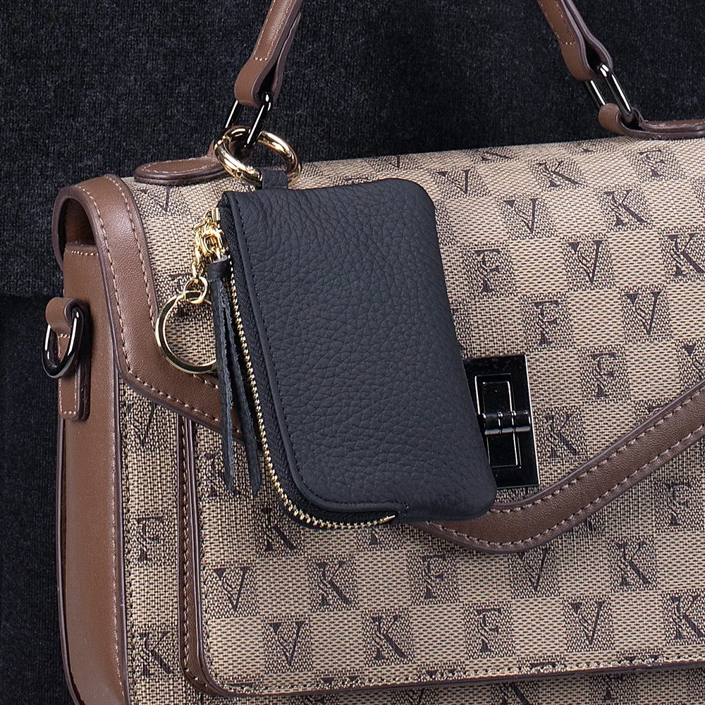 

New Cowhide Short Wallet Lychee Pattern Solid Color Money Clip with Necklace Strap Large Capacity Coin Purse Women