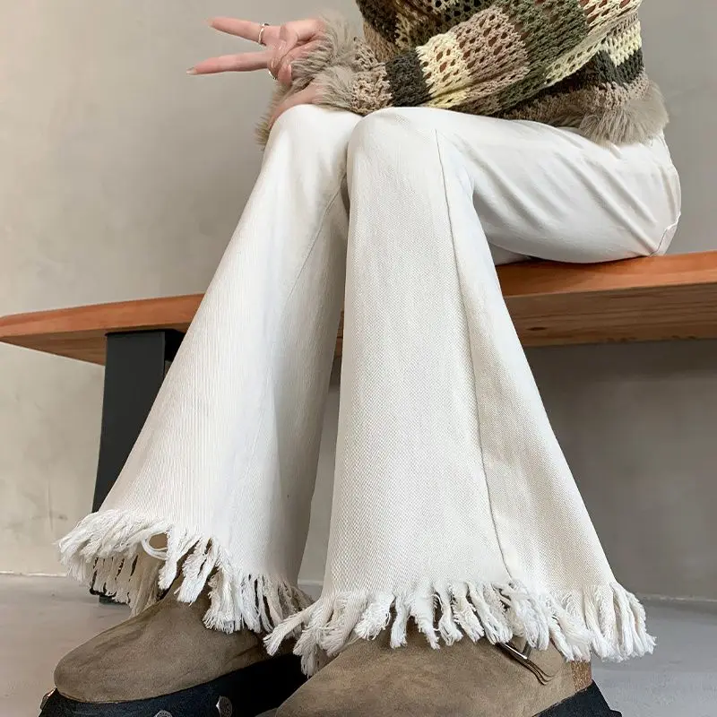 White Fringed High-waisted Flared Jeans Women's 2026 Spring and Autumn New Thin Design Slightly Pulled Pants