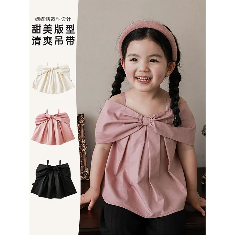 

Girls' Bowtie Top Baby Cute Thin 2023 Summer New Children's Korean Clothing