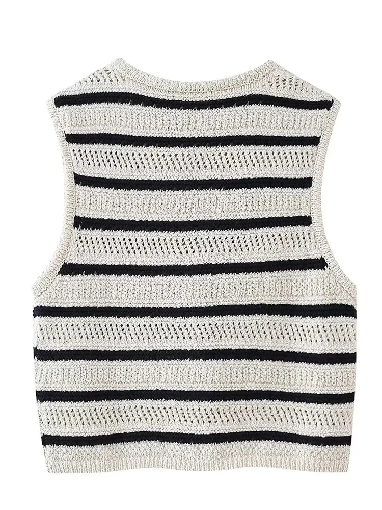 KAOPU ZA Women striped knit cropped vest top vintage v-neck sleeveless button-up female waistcoat chic tops