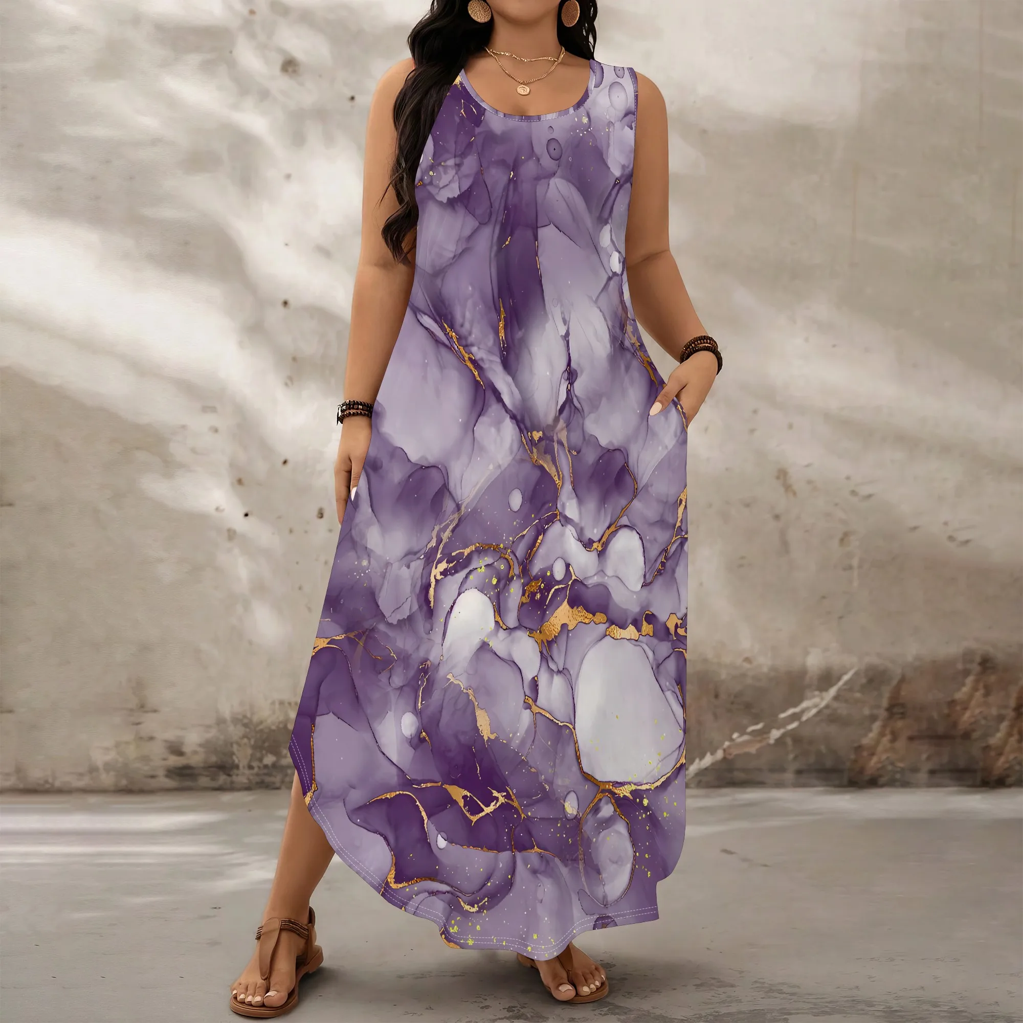 

Nupusa Plus Size Marble Print Sleeveless Maxi Dress Women Summer Casual Loose Long Dress