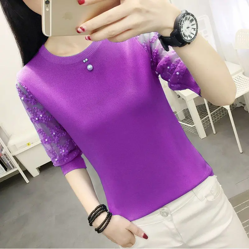 Elegante cor sólida emendado gaze rendas beading blusa roupas femininas 2023 primavera nova oversized coreano pullovers comute camisa