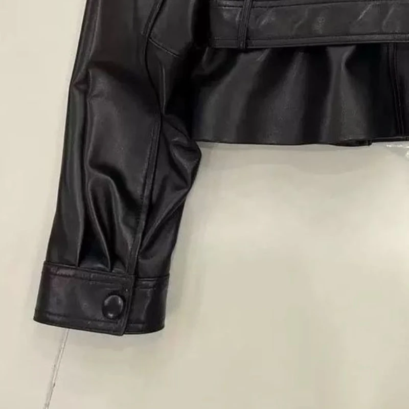 Trendy Women's Models Autumn Spring Outerwear Tops Leather Jacket Short Buttons Loose Fashion Premium Design Leisure Simple