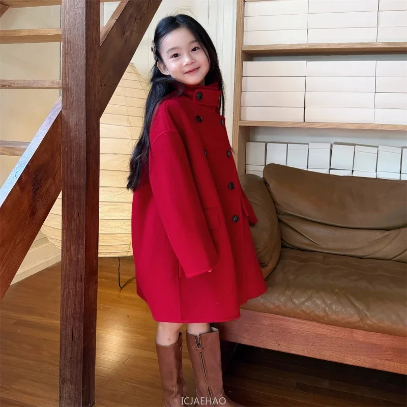 

Teen Girl Clothes 2025 Children Vintage Wool Double Faced Girls Red Elegant Kids Outerwear CostumeCoat Handmade Double Breasted