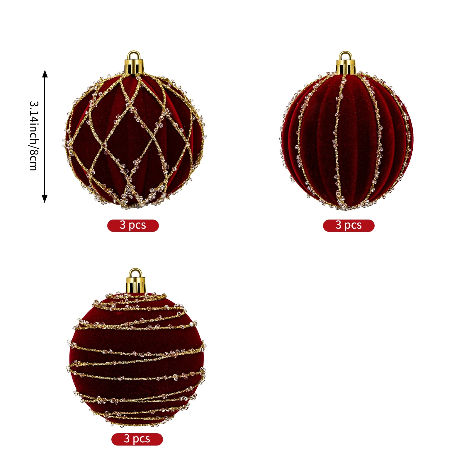 9 قطع من كرات زينة عيد الميلاد باللون الأحمر القرمزي، مصنوعة من مادة قطيفة، مناسبة لتزيين أشجار عيد الميلاد