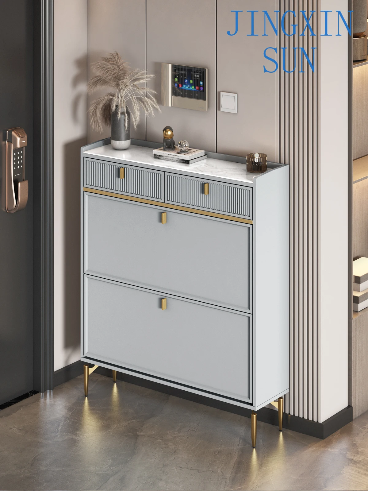 super narrow and luxurious drawer at home entrance, rock board, and storage cabinet behind the entrance door